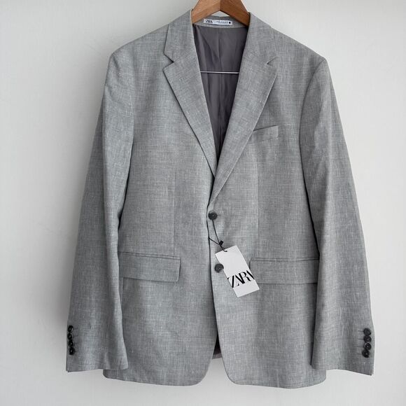 Zara Blazer Mens US 42 Linen Blend Sport Coat Suit Jacket Grey Marl Business‎